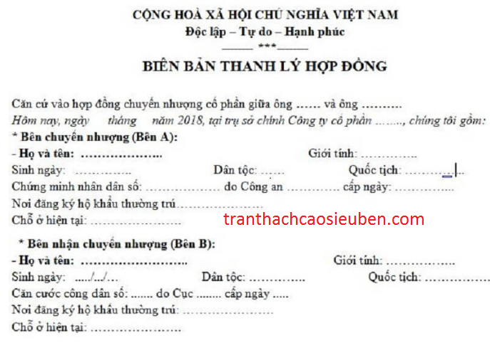 Mẫu biên bản thanh lý hợp đồng làm trần thạch cao